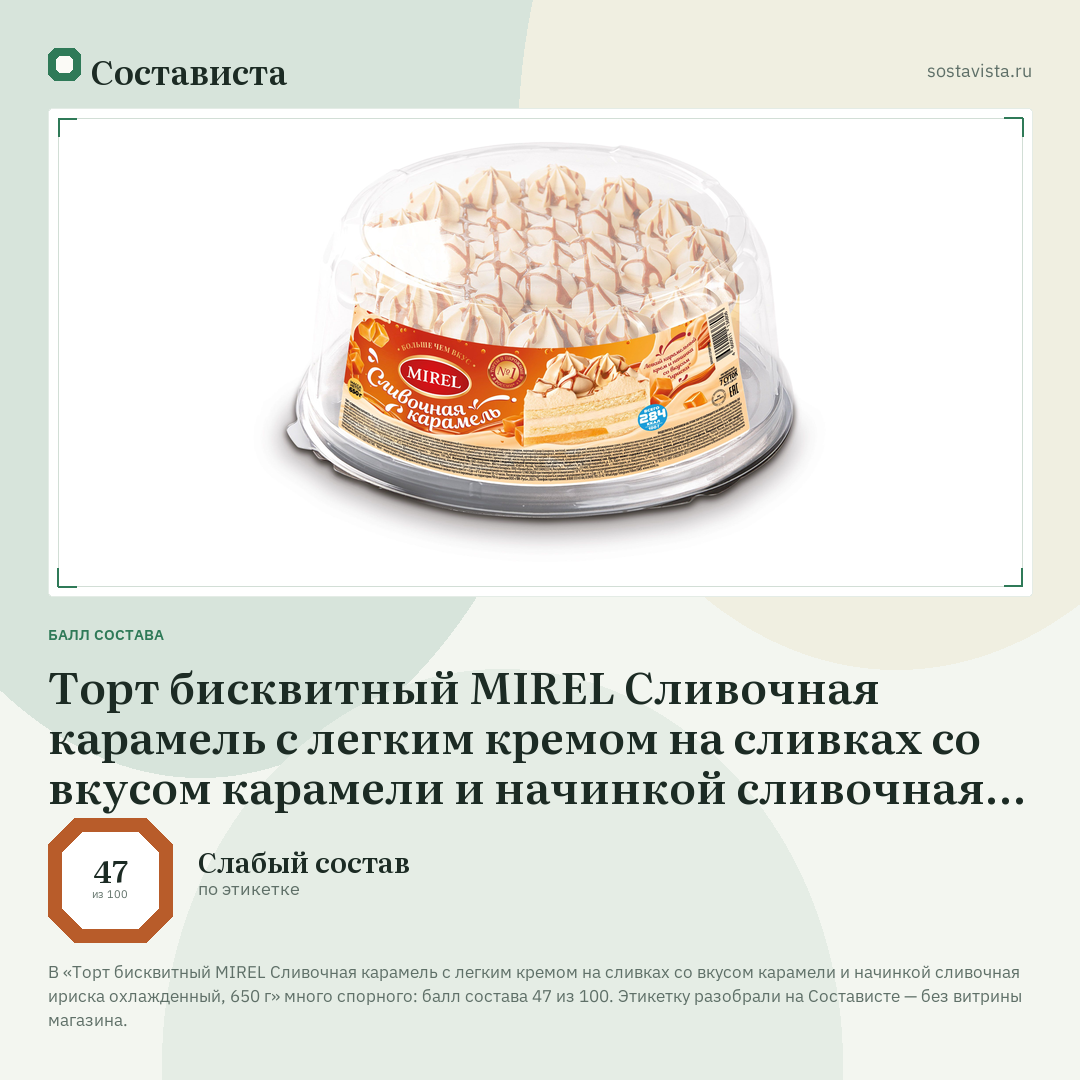 Торт бисквитный MIREL Сливочная карамель с легким кремом на сливках со вкусом карамели и начинкой сливочная ириска охлажденный, 650 г: балл состава 47 из 100 — Состависта