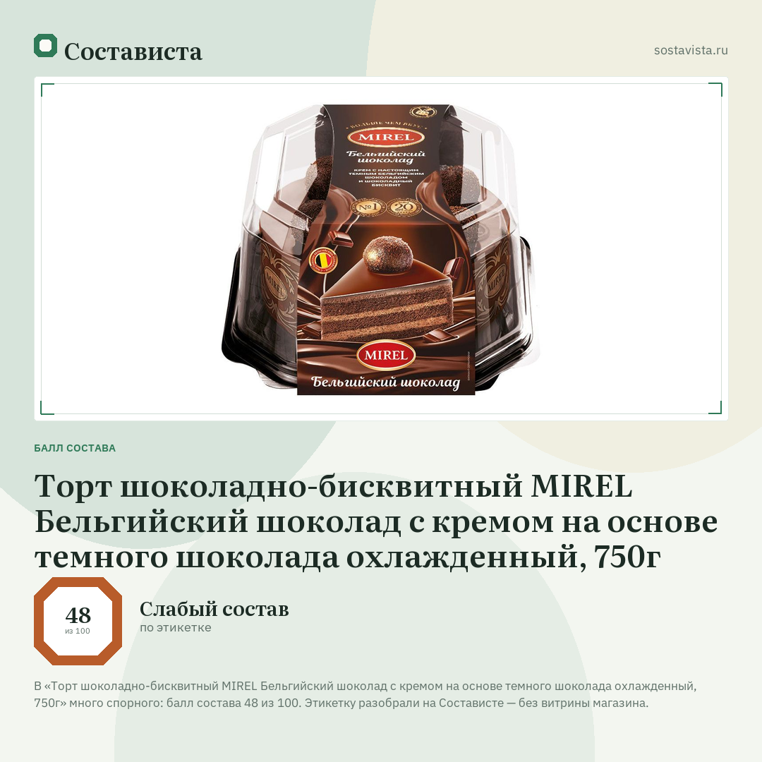 Торт шоколадно-бисквитный MIREL Бельгийский шоколад с кремом на основе темного шоколада охлажденный, 750г: балл состава 48 из 100 — Состависта