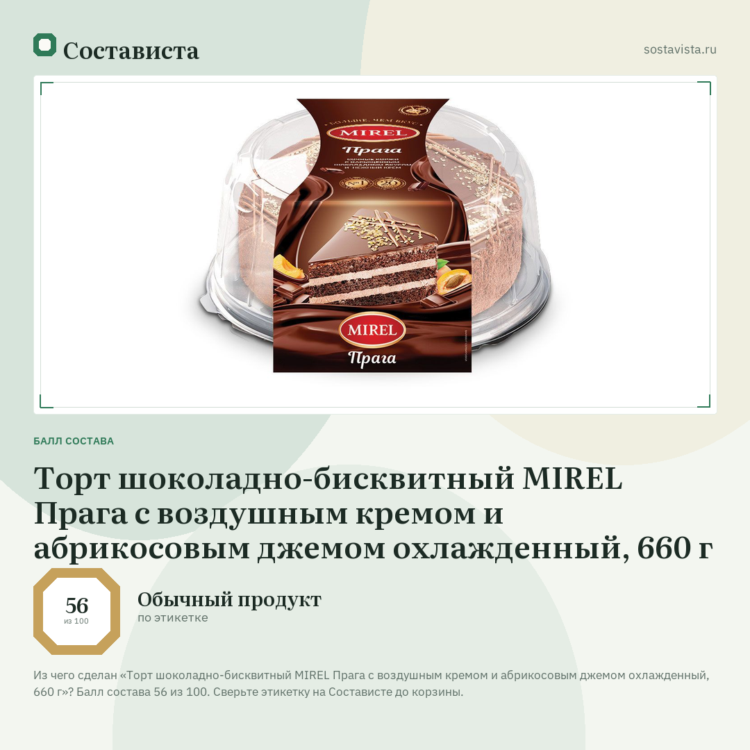 Торт шоколадно-бисквитный MIREL Прага с воздушным кремом и абрикосовым джемом охлажденный, 660 г: балл состава 56 из 100 — Состависта