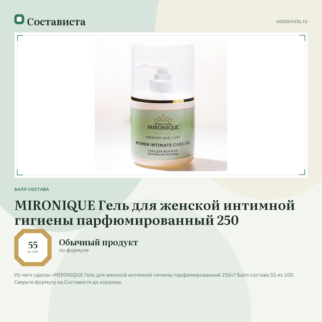MIRONIQUE Гель для женской интимной гигиены парфюмированный 250: балл состава 55 из 100 — Состависта