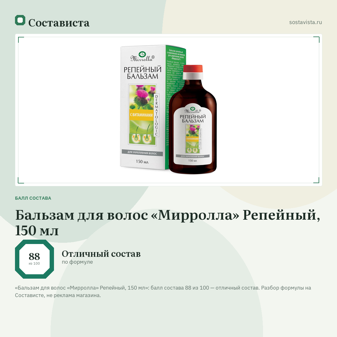 Бальзам для волос «Мирролла» Репейный, 150 мл: балл состава 88 из 100 — Состависта