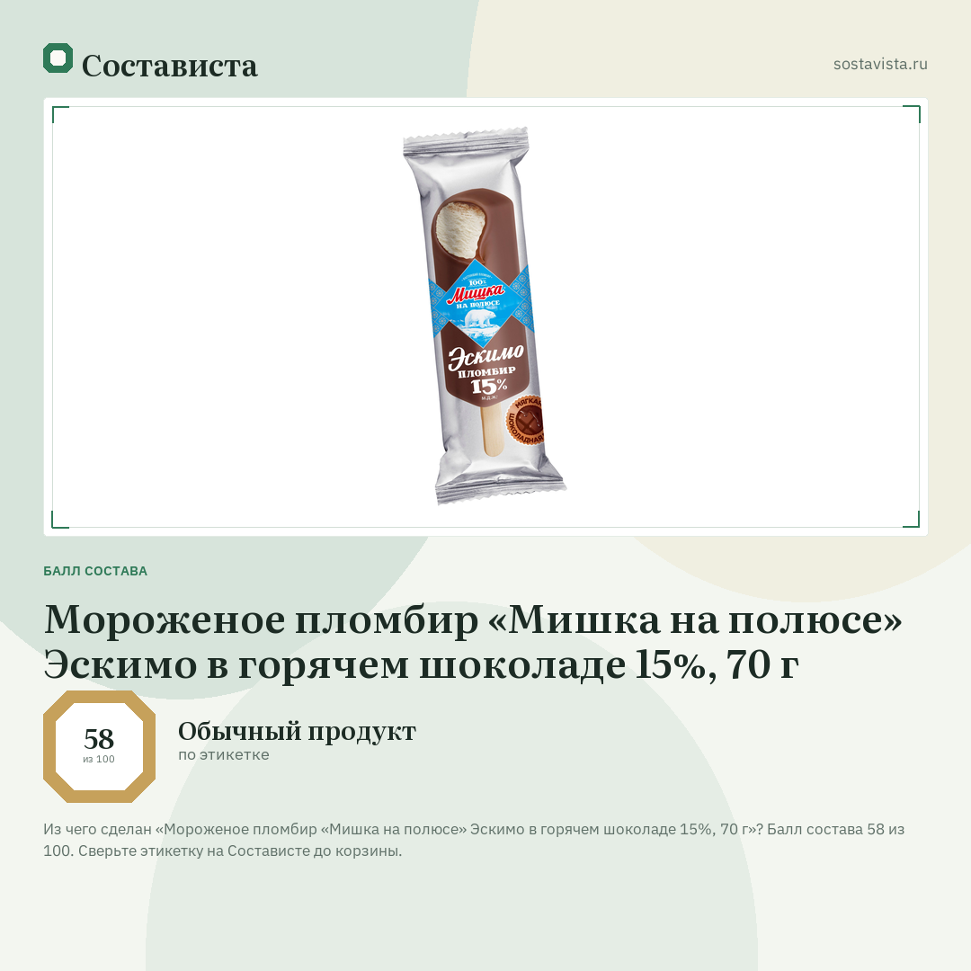 Мороженое пломбир «Мишка на полюсе» Эскимо в горячем шоколаде 15%, 70 г: балл состава 58 из 100 — Состависта