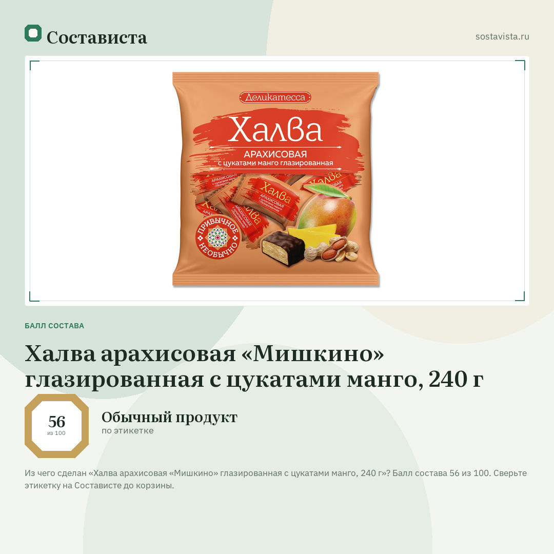 Халва арахисовая «Мишкино» глазированная с цукатами манго, 240 г: балл состава 56 из 100 — Состависта