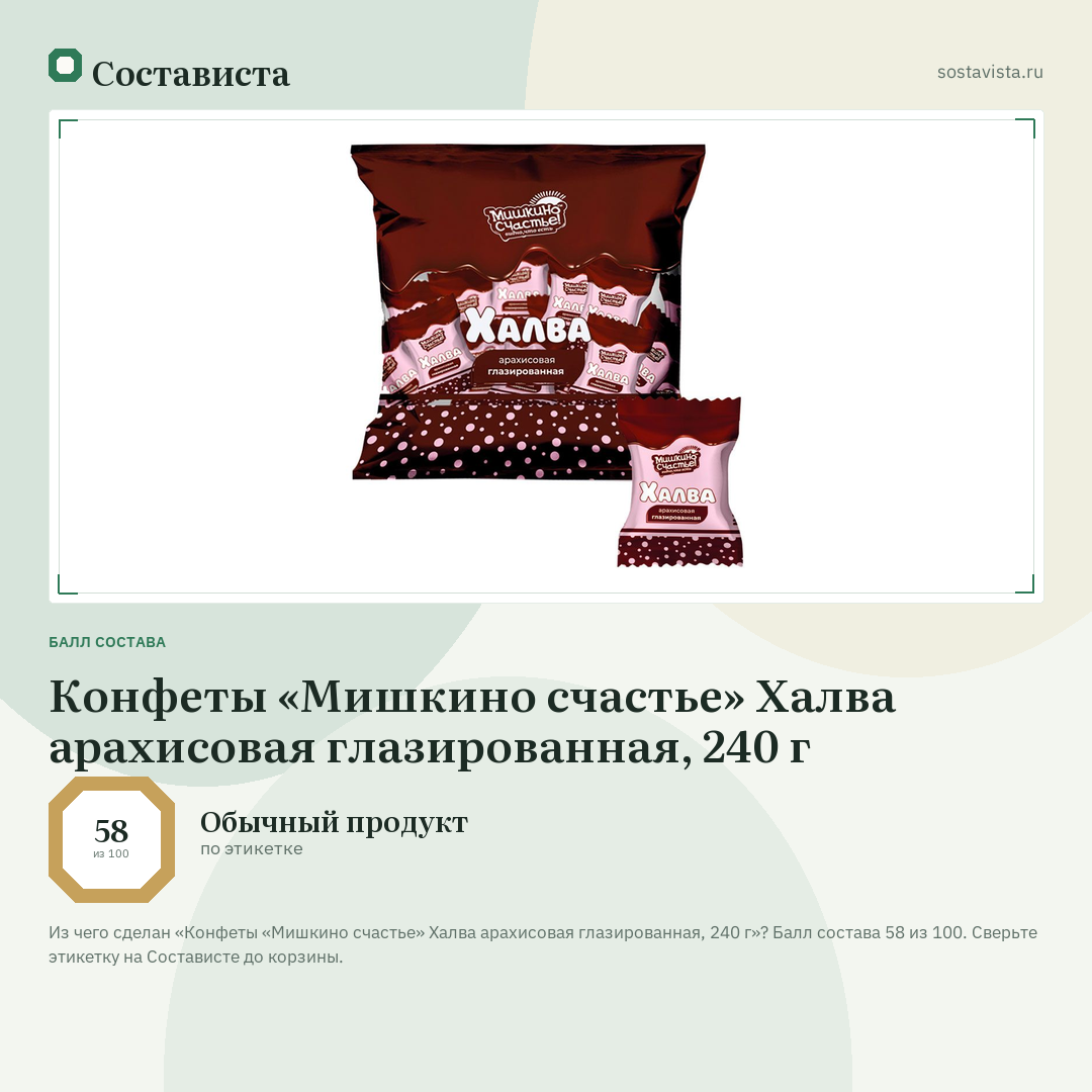 Конфеты «Мишкино счастье» Халва арахисовая глазированная, 240 г: балл состава 58 из 100 — Состависта
