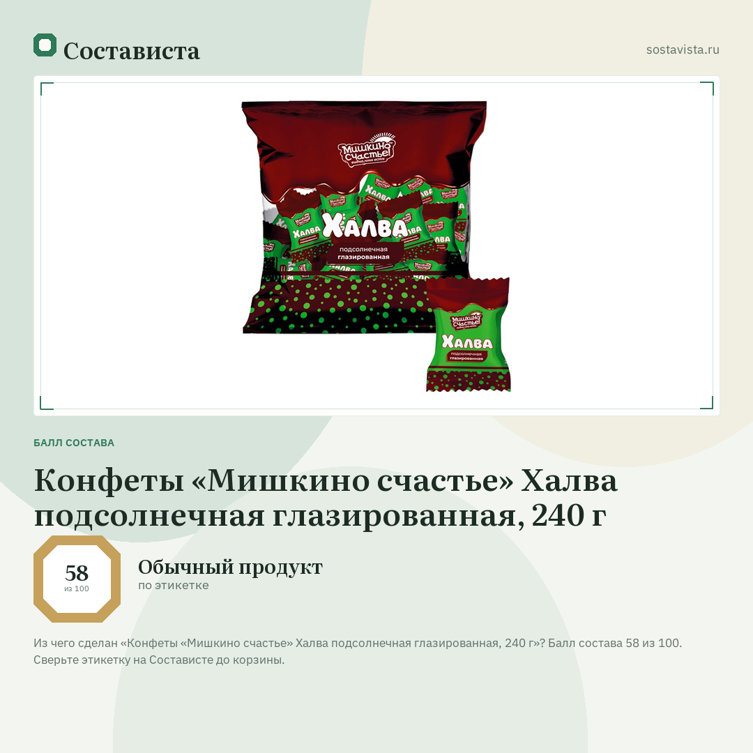 Конфеты «Мишкино счастье» Халва подсолнечная глазированная, 240 г: балл состава 58 из 100 — Состависта