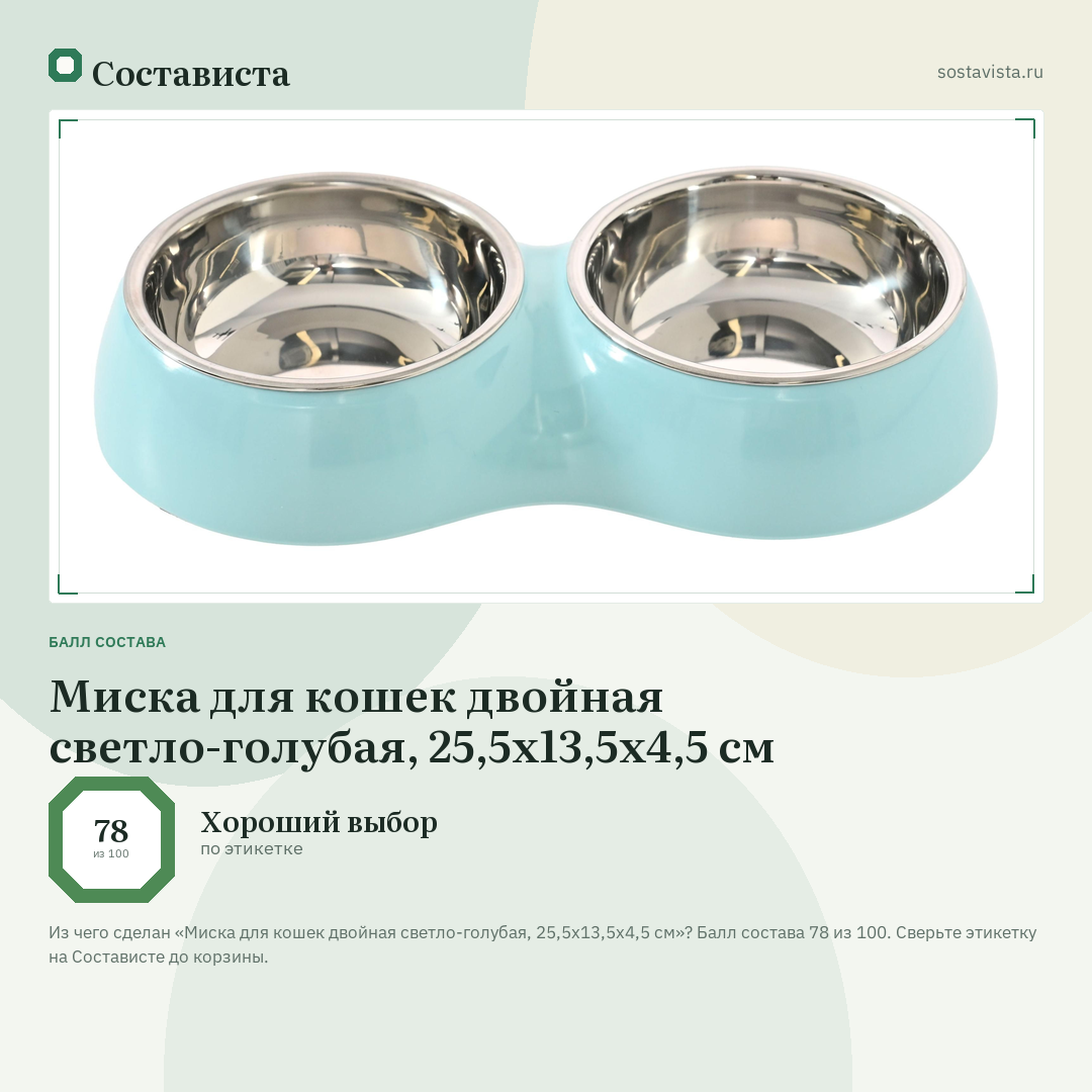 Миска для кошек двойная светло-голубая, 25,5х13,5х4,5 см: балл состава 78 из 100 — Состависта