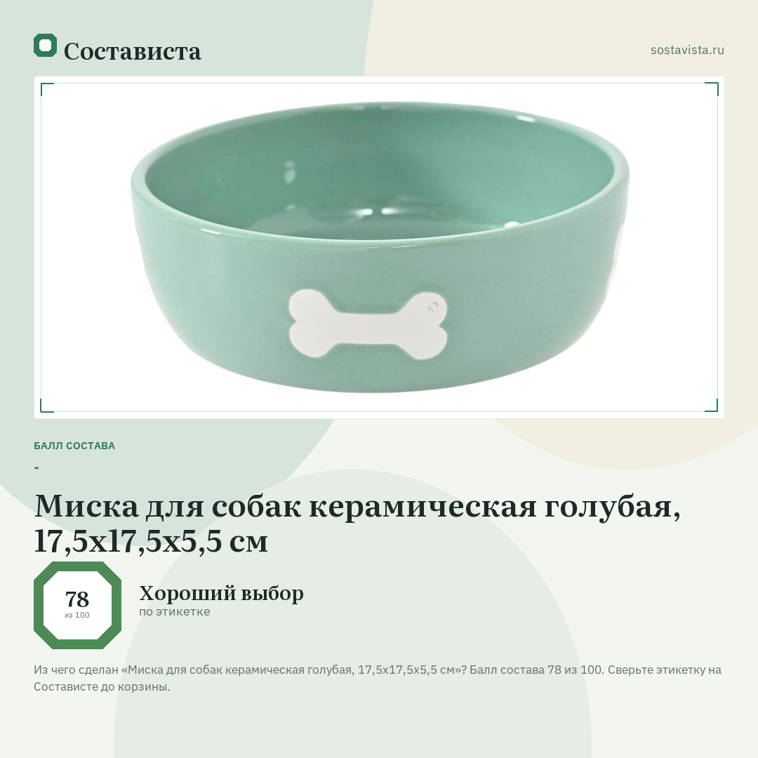 Миска для собак керамическая голубая, 17,5х17,5х5,5 см: балл состава 78 из 100 — Состависта