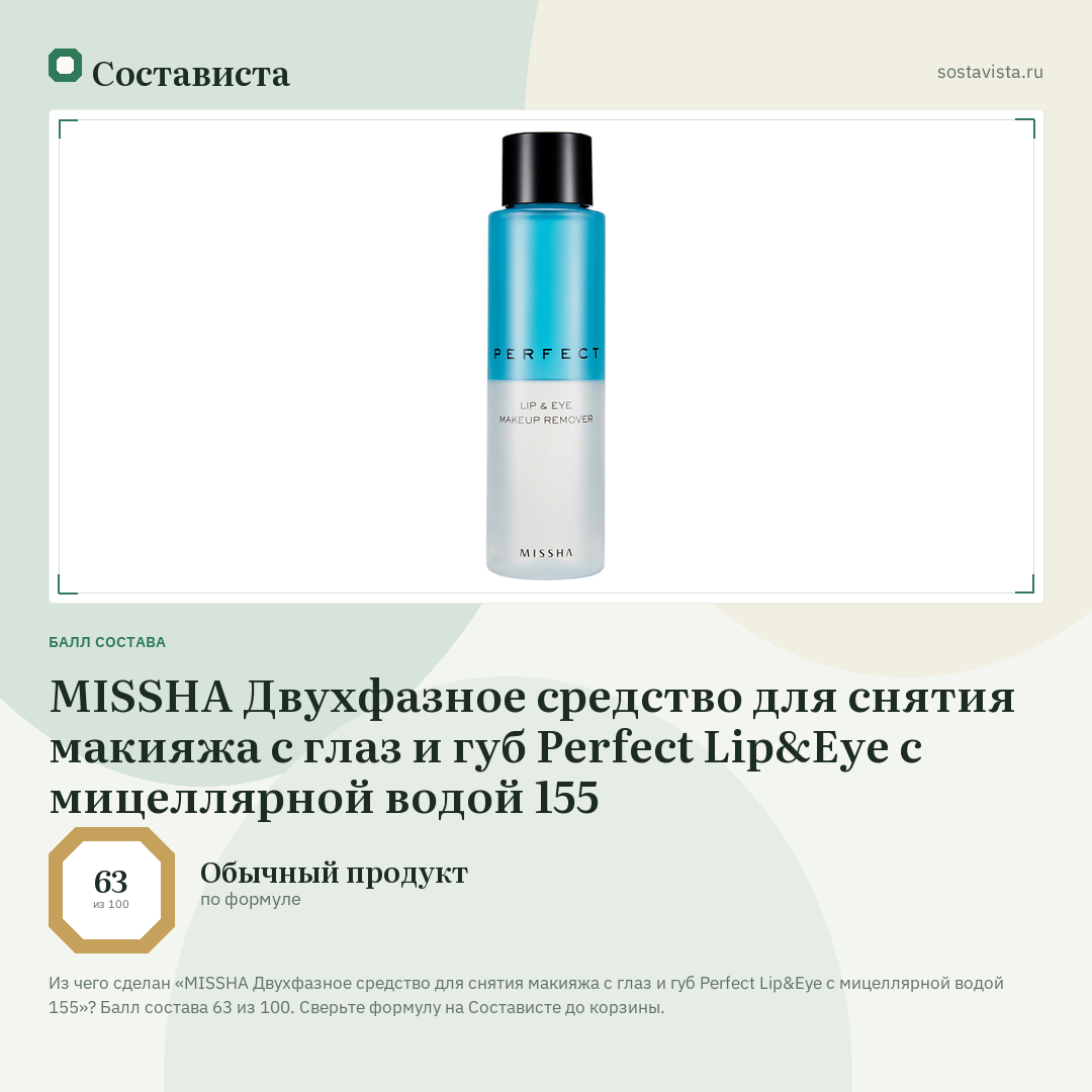 MISSHA Двухфазное средство для снятия макияжа с глаз и губ Perfect Lip&Eye с мицеллярной водой 155: балл состава 63 из 100 — Состависта