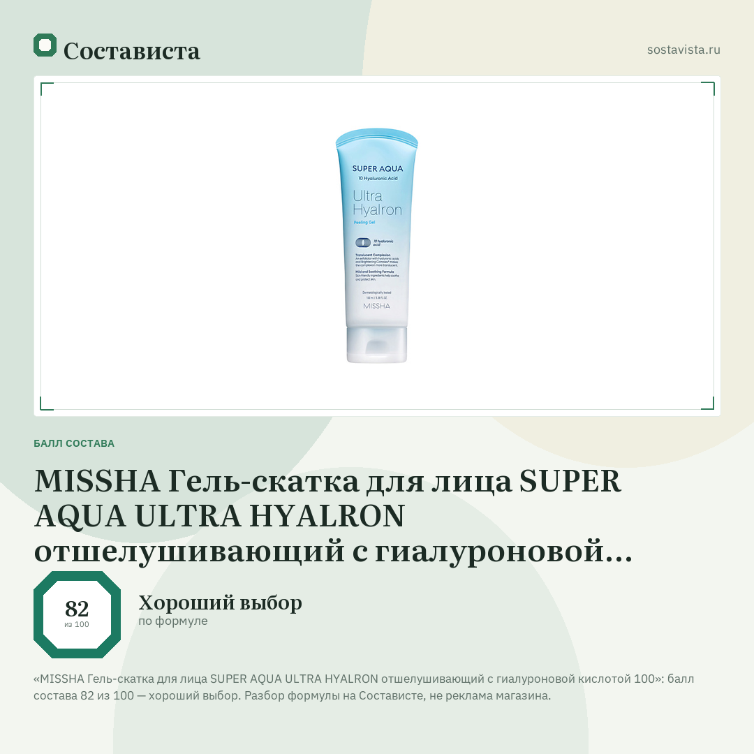 MISSHA Гель-скатка для лица SUPER AQUA ULTRA HYALRON отшелушивающий с гиалуроновой кислотой 100: балл состава 82 из 100 — Состависта