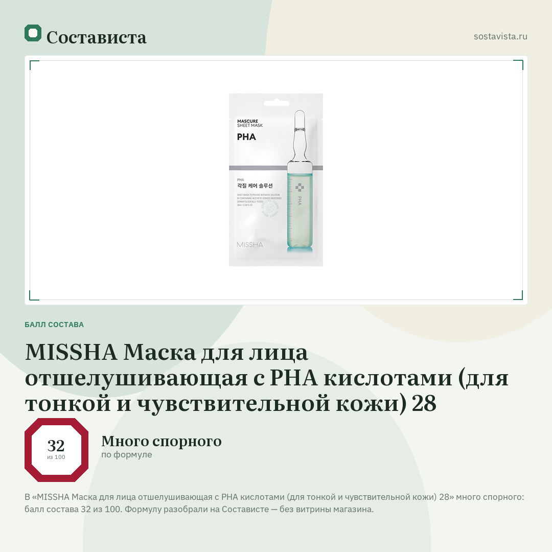MISSHA Маска для лица отшелушивающая с PHA кислотами (для тонкой и чувствительной кожи) 28: балл состава 32 из 100 — Состависта