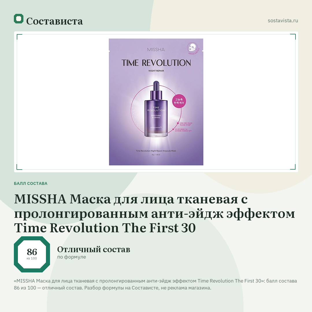 MISSHA Маска для лица тканевая с пролонгированным анти-эйдж эффектом Time Revolution The First 30: балл состава 86 из 100 — Состависта