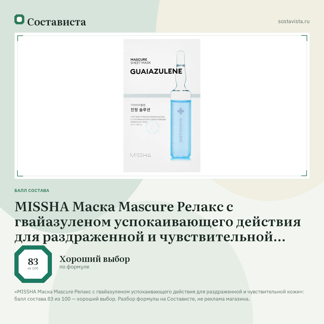 MISSHA Маска Mascure Релакс с гвайазуленом успокаивающего действия для раздраженной и чувствительной кожи: балл состава 83 из 100 — Состависта