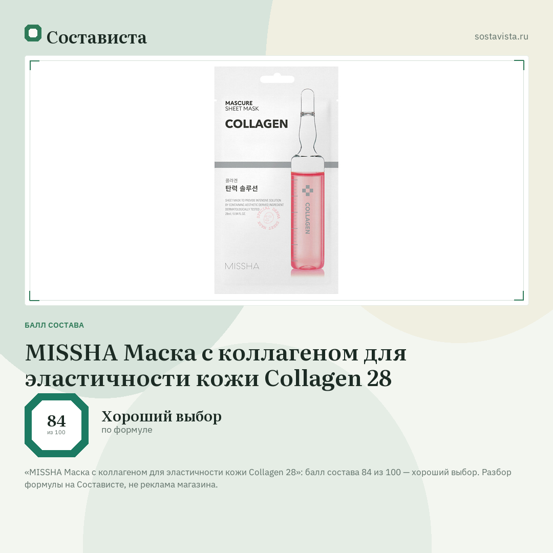 MISSHA Маска с коллагеном для эластичности кожи Collagen 28: балл состава 84 из 100 — Состависта