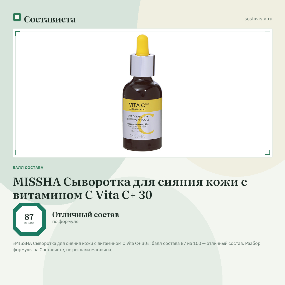 MISSHA Сыворотка для сияния кожи с витамином С Vita C+ 30: балл состава 87 из 100 — Состависта