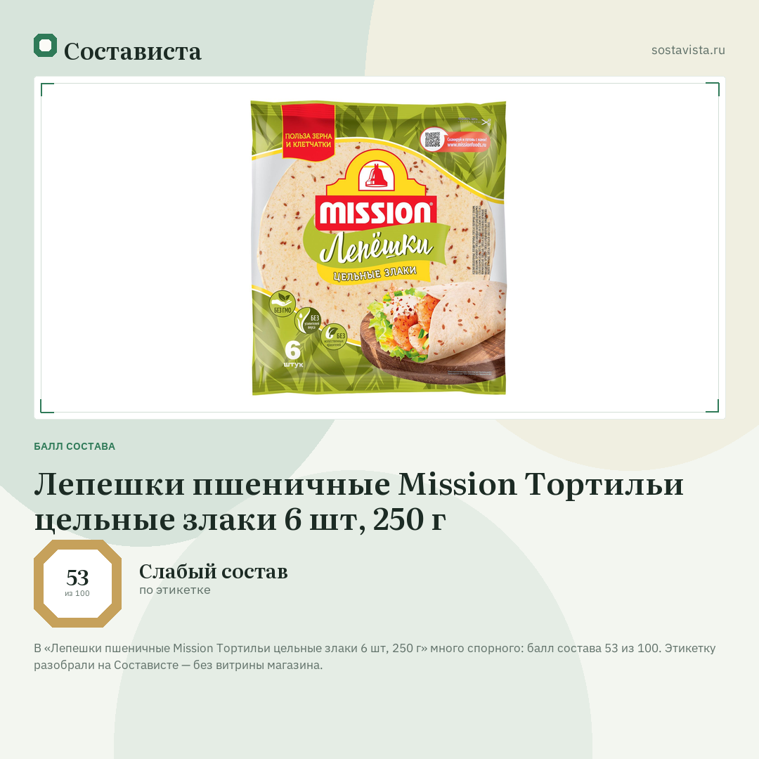 Лепешки пшеничные Mission Тортильи цельные злаки 6 шт, 250 г: балл состава 53 из 100 — Состависта