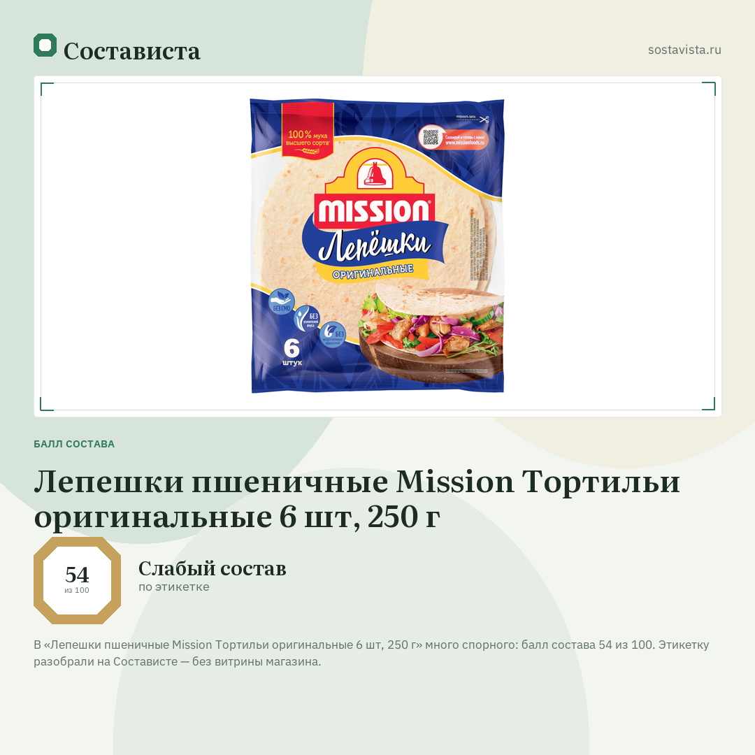 Лепешки пшеничные Mission Тортильи оригинальные 6 шт, 250 г: балл состава 54 из 100 — Состависта
