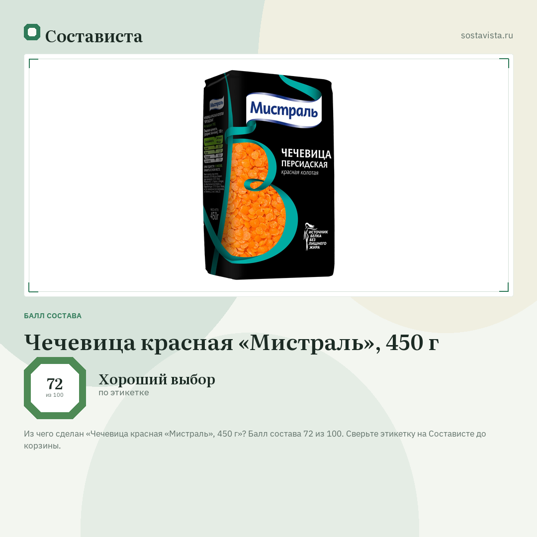 Чечевица красная «Мистраль», 450 г: балл состава 72 из 100 — Состависта