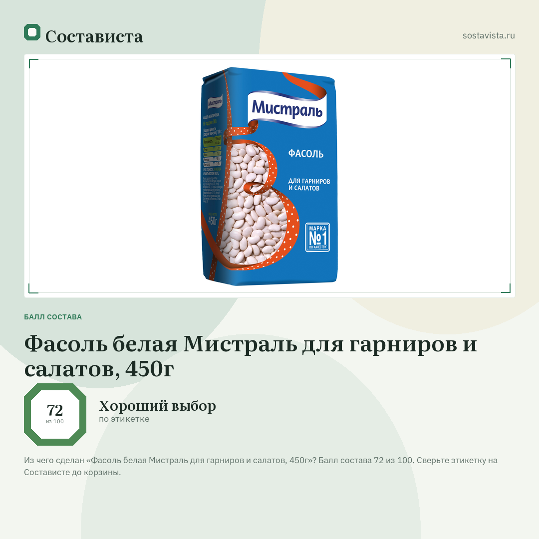 Фасоль белая Мистраль для гарниров и салатов, 450г: балл состава 72 из 100 — Состависта