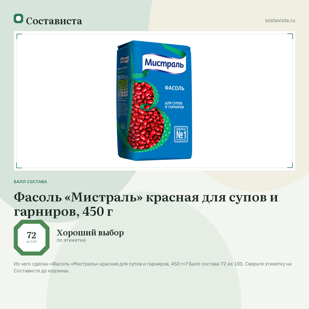 Фасоль «Мистраль» красная для супов и гарниров, 450 г: балл состава 72 из 100 — Состависта