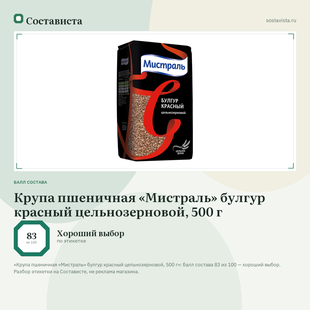 Крупа пшеничная «Мистраль» булгур красный цельнозерновой, 500 г: балл состава 83 из 100 — Состависта