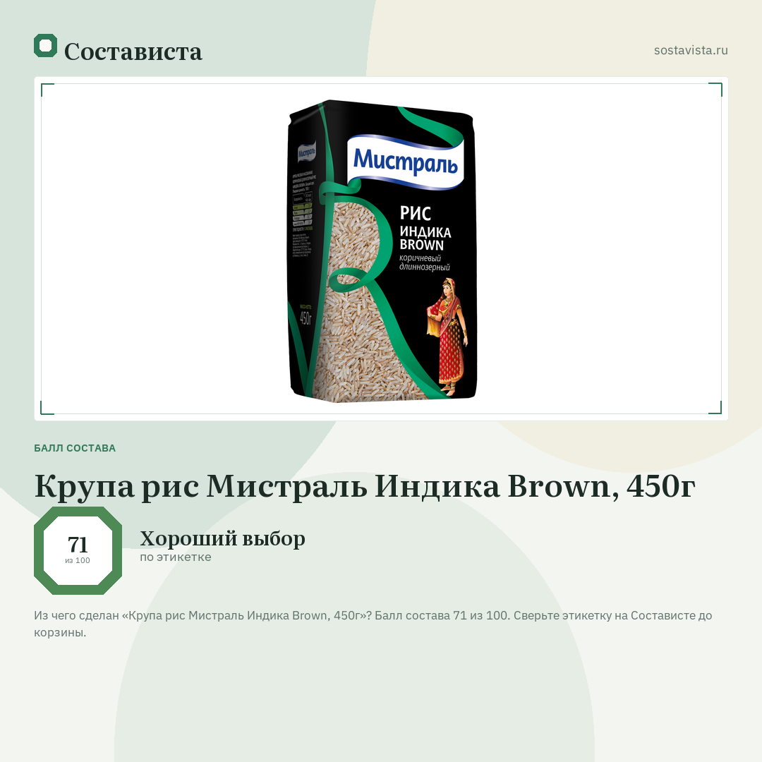 Крупа рис Мистраль Индика Brown, 450г: балл состава 71 из 100 — Состависта