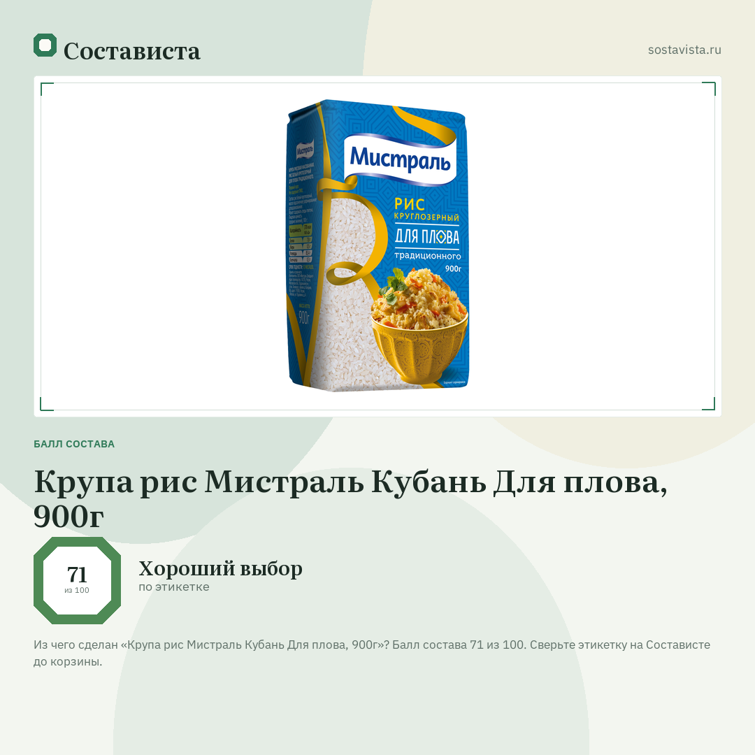 Крупа рис Мистраль Кубань Для плова, 900г: балл состава 71 из 100 — Состависта