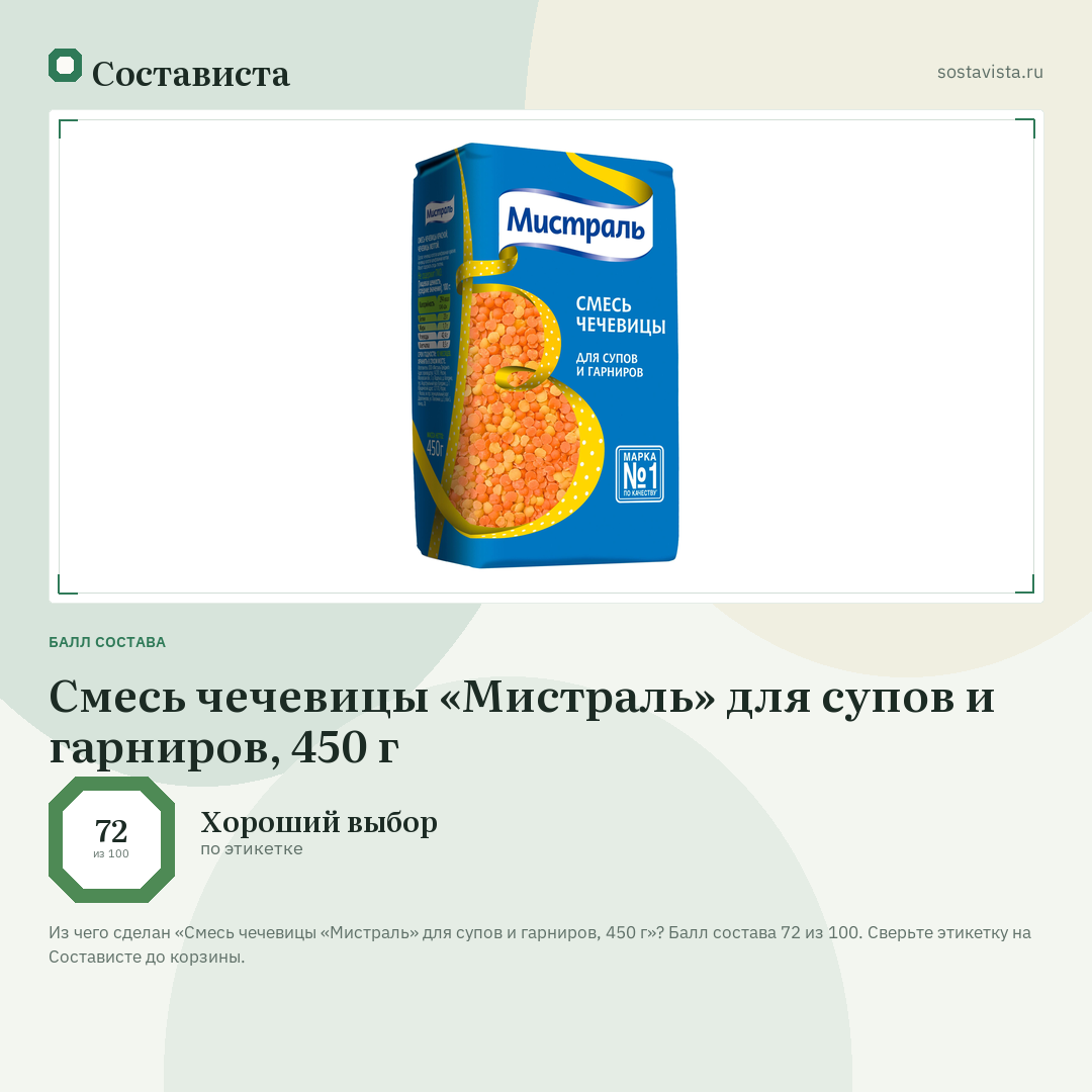 Смесь чечевицы «Мистраль» для супов и гарниров, 450 г: балл состава 72 из 100 — Состависта
