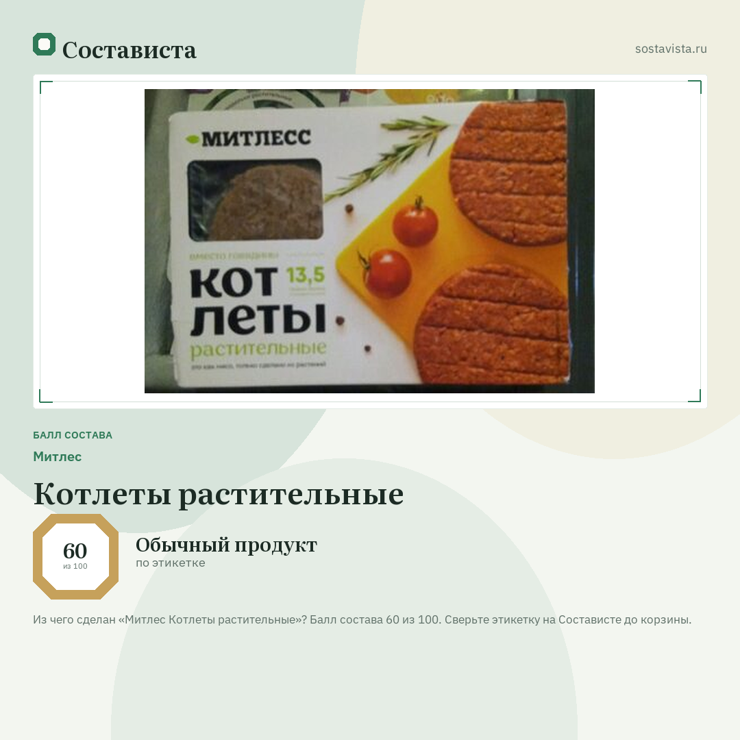 Митлес Котлеты растительные: балл состава 60 из 100 — Состависта