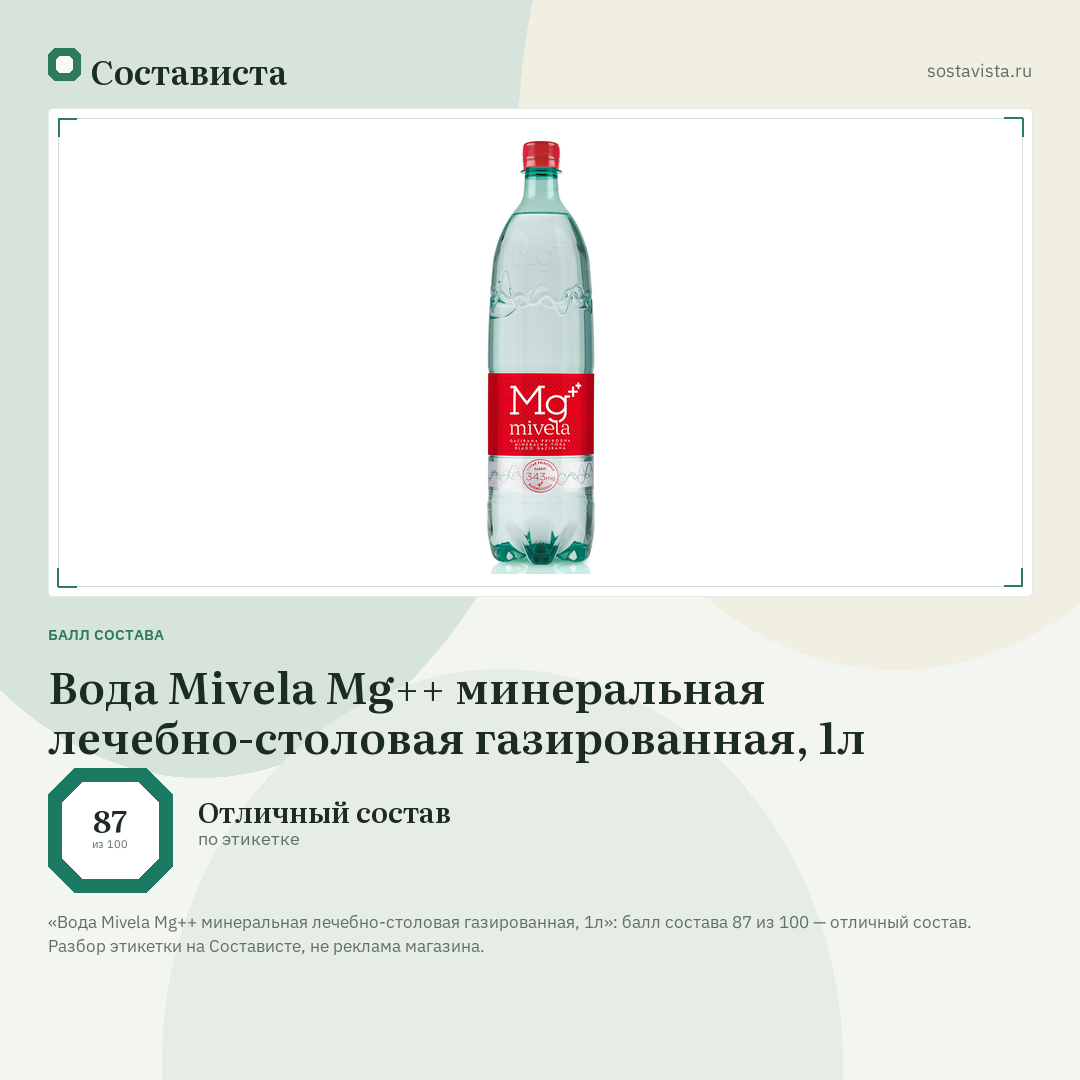 Вода Mivela Mg++ минеральная лечебно-столовая газированная, 1л: балл состава 87 из 100 — Состависта