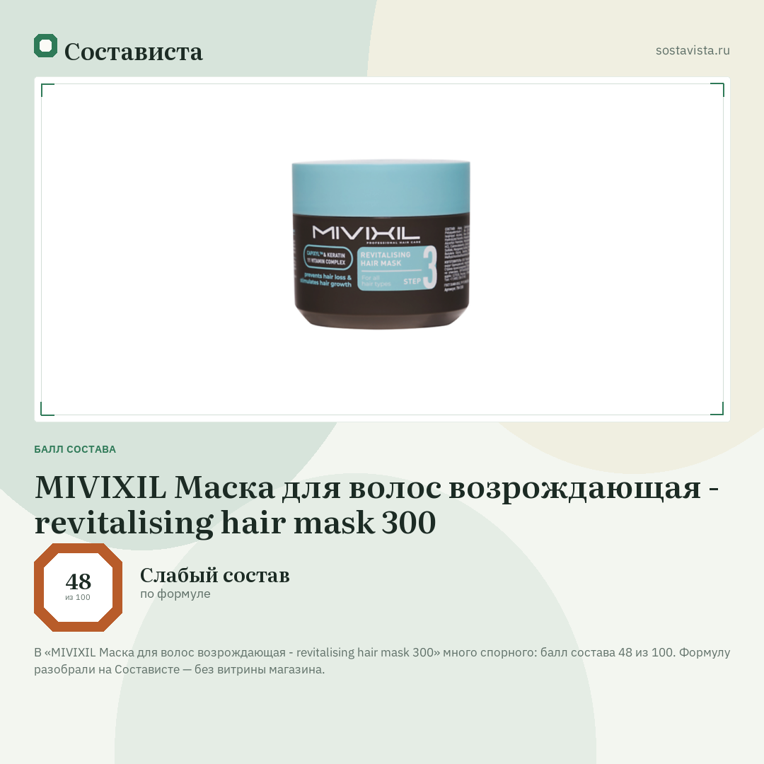 MIVIXIL Маска для волос возрождающая - revitalising hair mask 300: балл состава 48 из 100 — Состависта