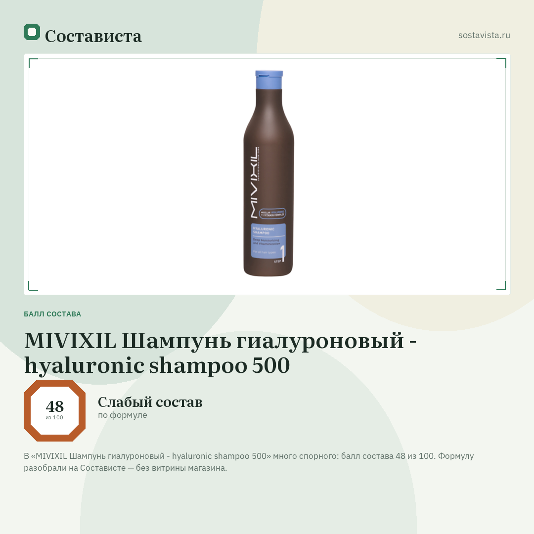 MIVIXIL Шампунь гиалуроновый - hyaluronic shampoo 500: балл состава 48 из 100 — Состависта
