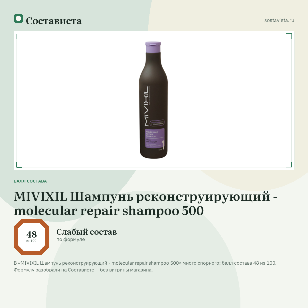 MIVIXIL Шампунь реконструирующий - molecular repair shampoo 500: балл состава 48 из 100 — Состависта