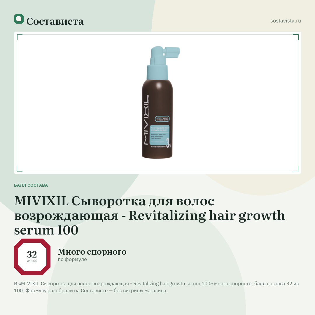 MIVIXIL Сыворотка для волос возрождающая - Revitalizing hair growth serum 100: балл состава 32 из 100 — Состависта