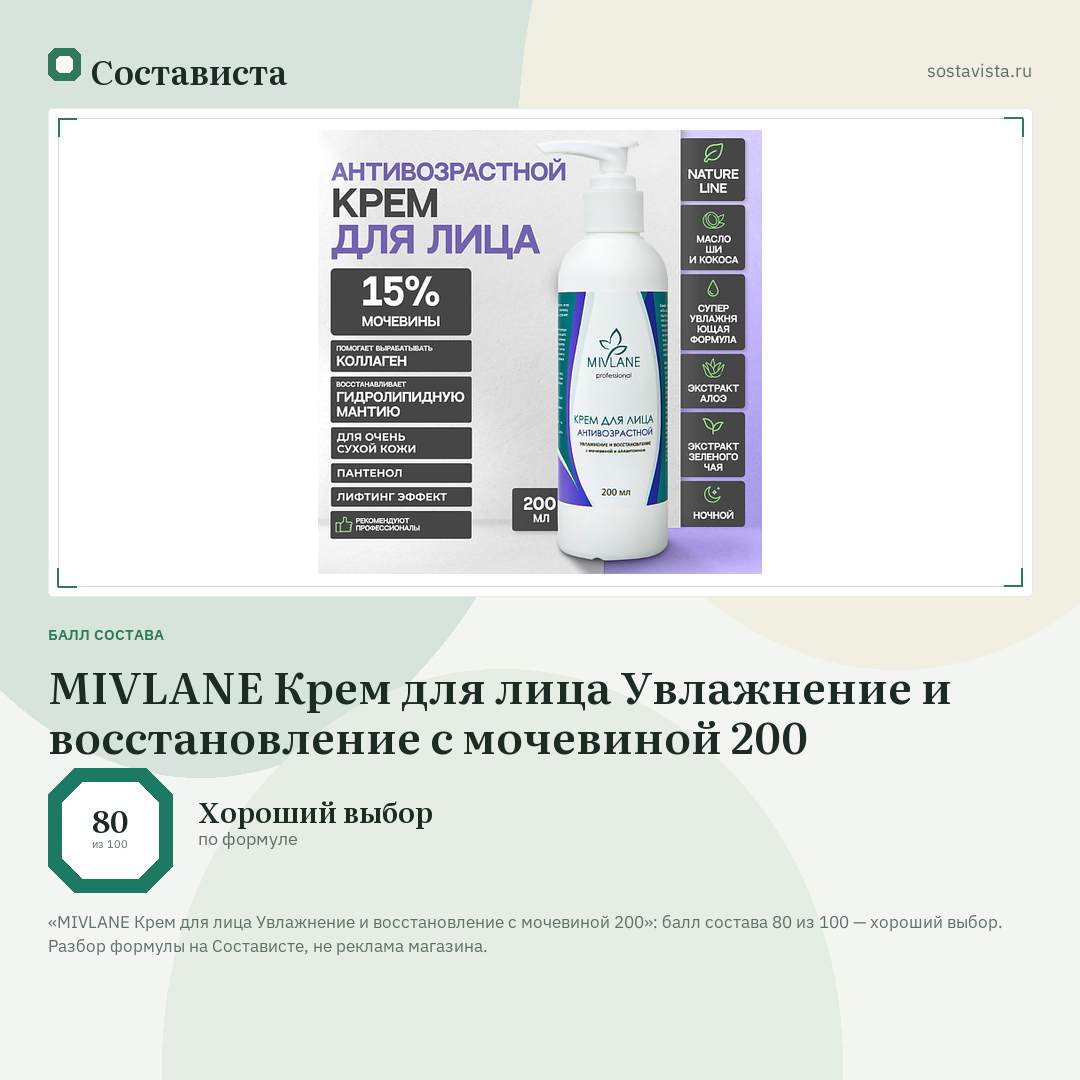 MIVLANE Крем для лица Увлажнение и восстановление с мочевиной 200: балл состава 80 из 100 — Состависта