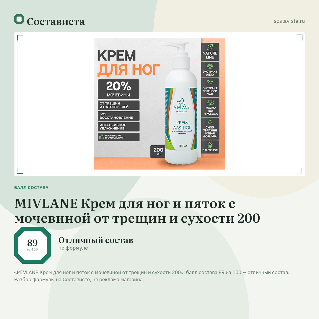 MIVLANE Крем для ног и пяток с мочевиной от трещин и сухости 200: балл состава 89 из 100 — Состависта