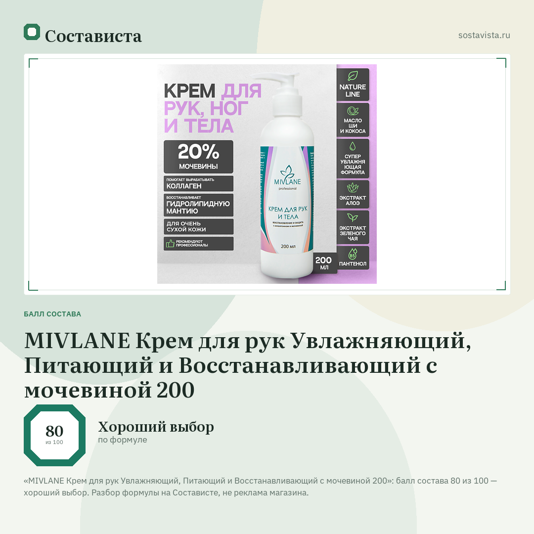 MIVLANE Крем для рук Увлажняющий, Питающий и Восстанавливающий с мочевиной 200: балл состава 80 из 100 — Состависта