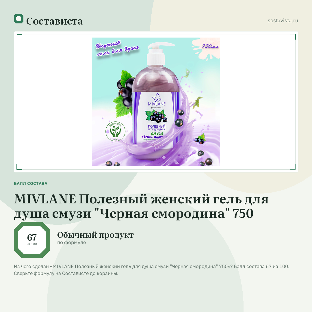 MIVLANE Полезный женский гель для душа смузи "Черная смородина" 750: балл состава 67 из 100 — Состависта