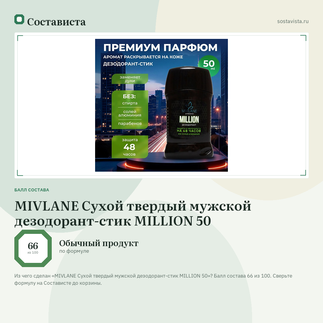 MIVLANE Сухой твердый мужской дезодорант-стик MILLION 50: балл состава 66 из 100 — Состависта