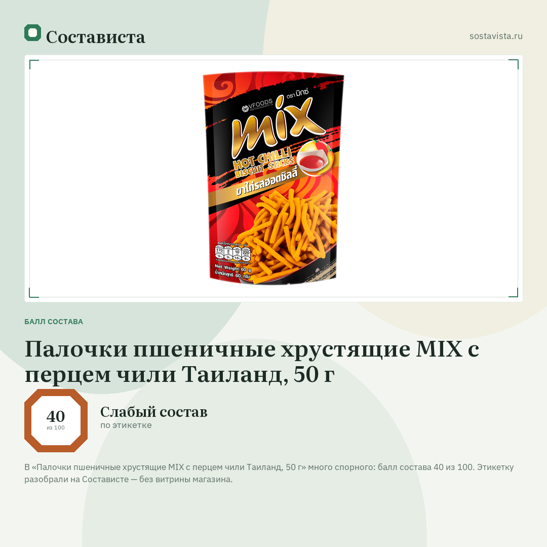 Палочки пшеничные хрустящие MIX с перцем чили Таиланд, 50 г: балл состава 40 из 100 — Состависта