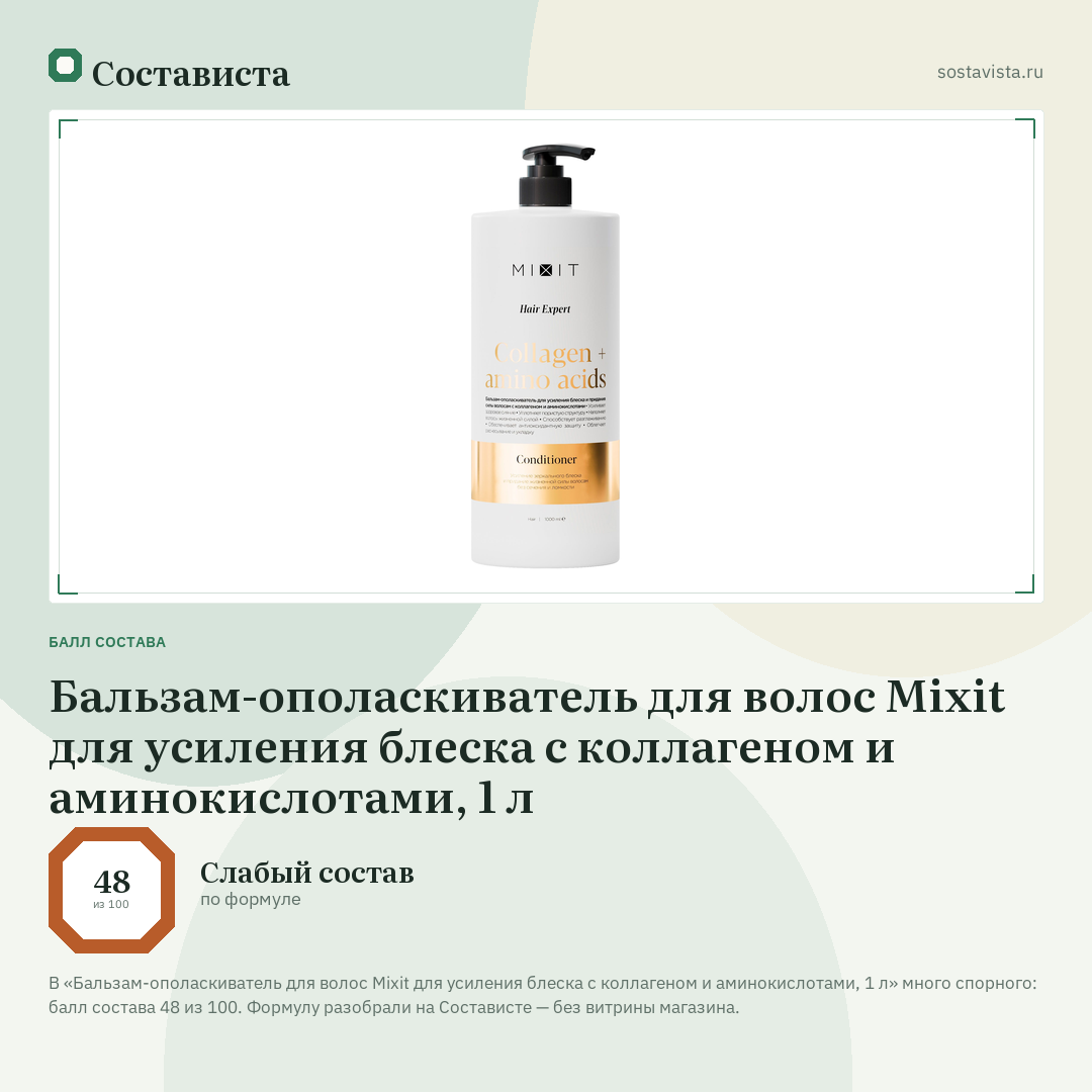 Бальзам-ополаскиватель для волос Mixit для усиления блеска с коллагеном и аминокислотами, 1 л: балл состава 48 из 100 — Состависта