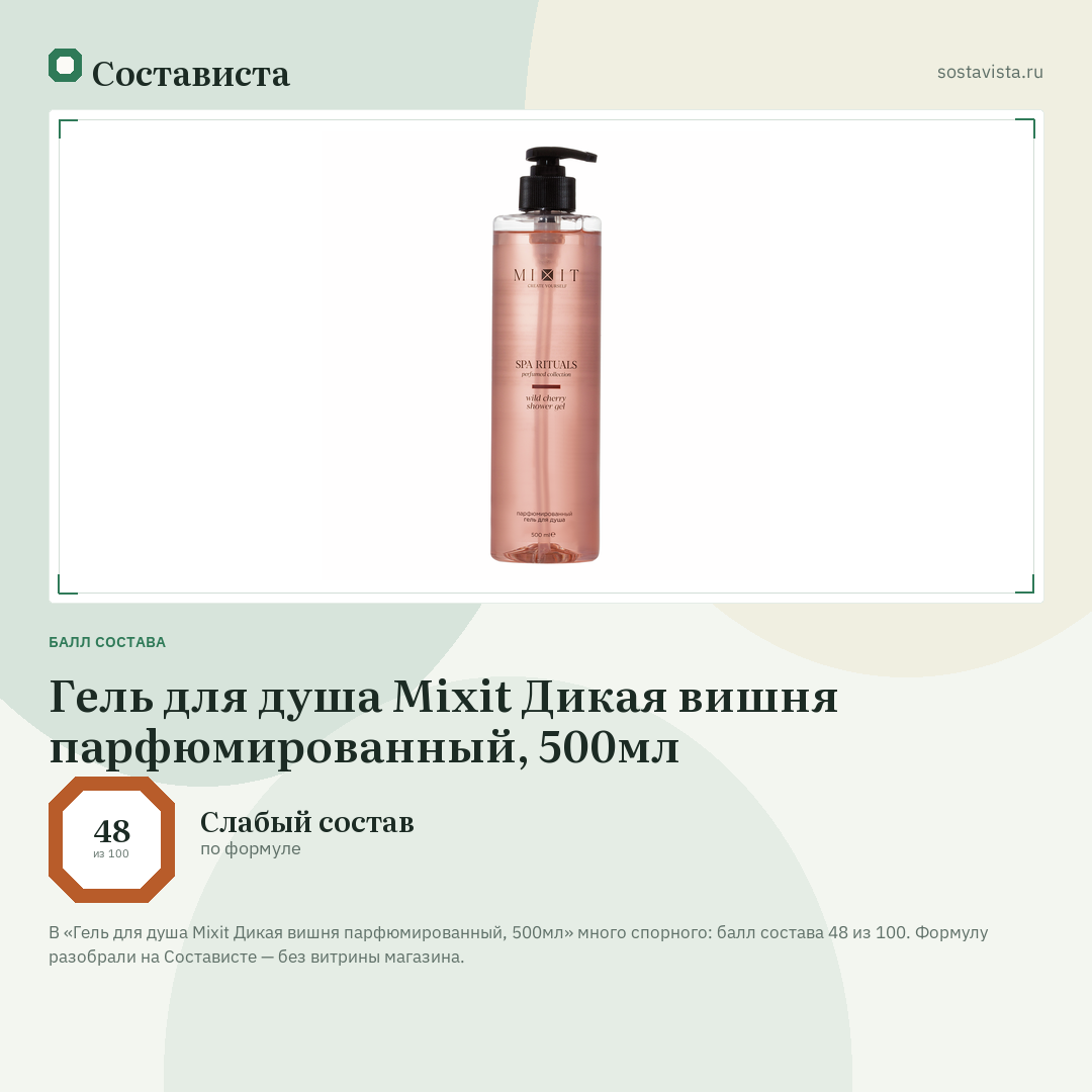 Гель для душа Mixit Дикая вишня парфюмированный, 500мл: балл состава 48 из 100 — Состависта