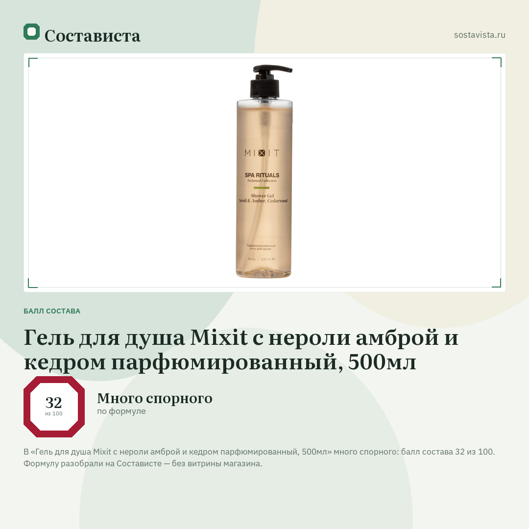 Гель для душа Mixit с нероли амброй и кедром парфюмированный, 500мл: балл состава 32 из 100 — Состависта
