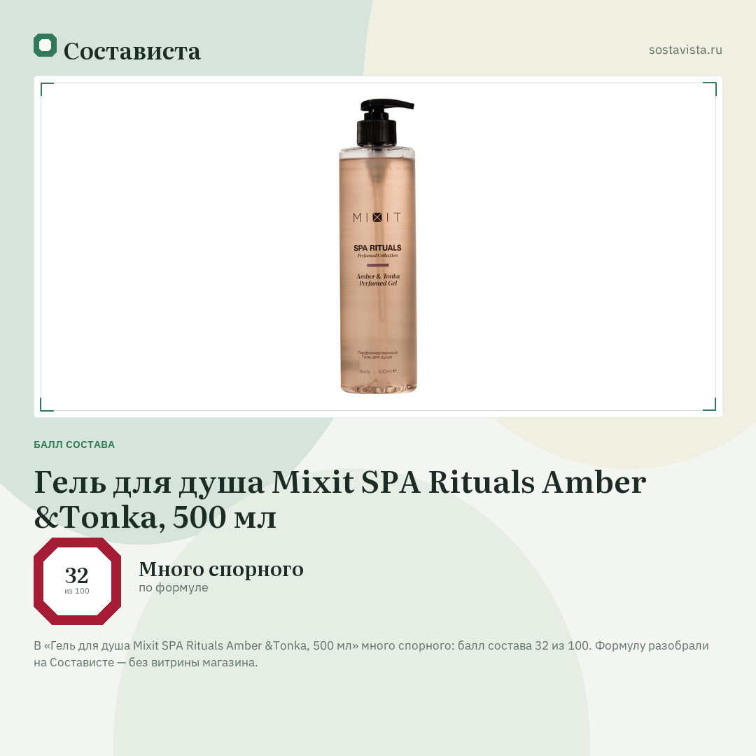 Гель для душа Mixit SPA Rituals Amber &Tonka, 500 мл: балл состава 32 из 100 — Состависта
