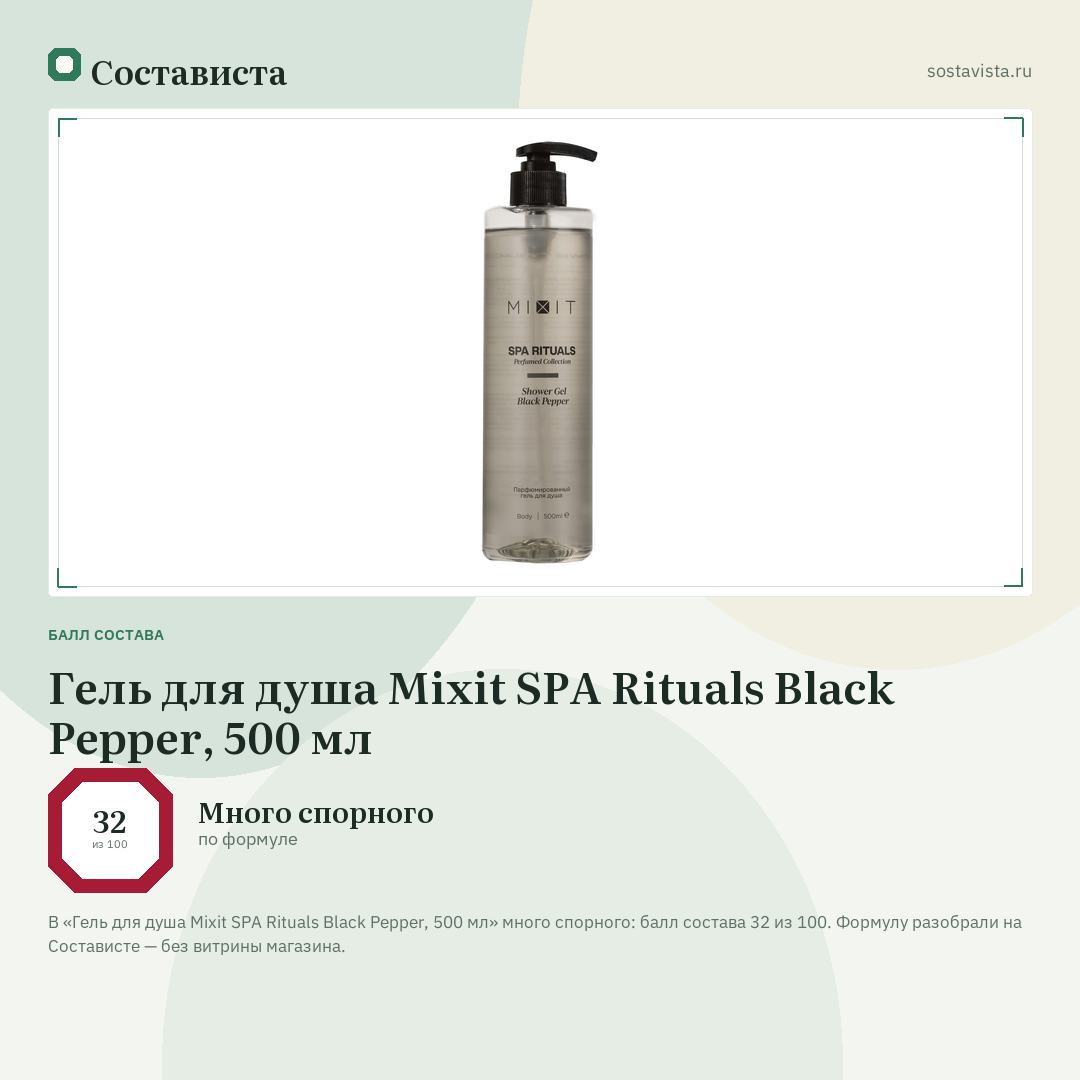 Гель для душа Mixit SPA Rituals Black Pepper, 500 мл: балл состава 32 из 100 — Состависта