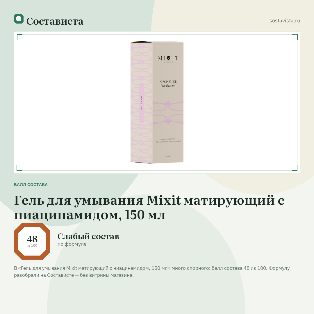 Гель для умывания Mixit матирующий с ниацинамидом, 150 мл: балл состава 48 из 100 — Состависта