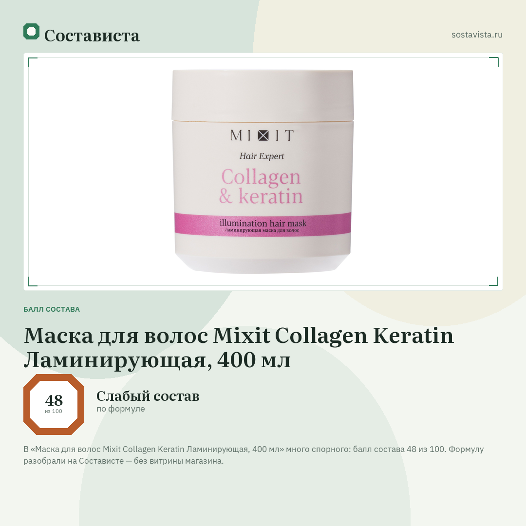 Маска для волос Mixit Collagen Keratin Ламинирующая, 400 мл: балл состава 48 из 100 — Состависта