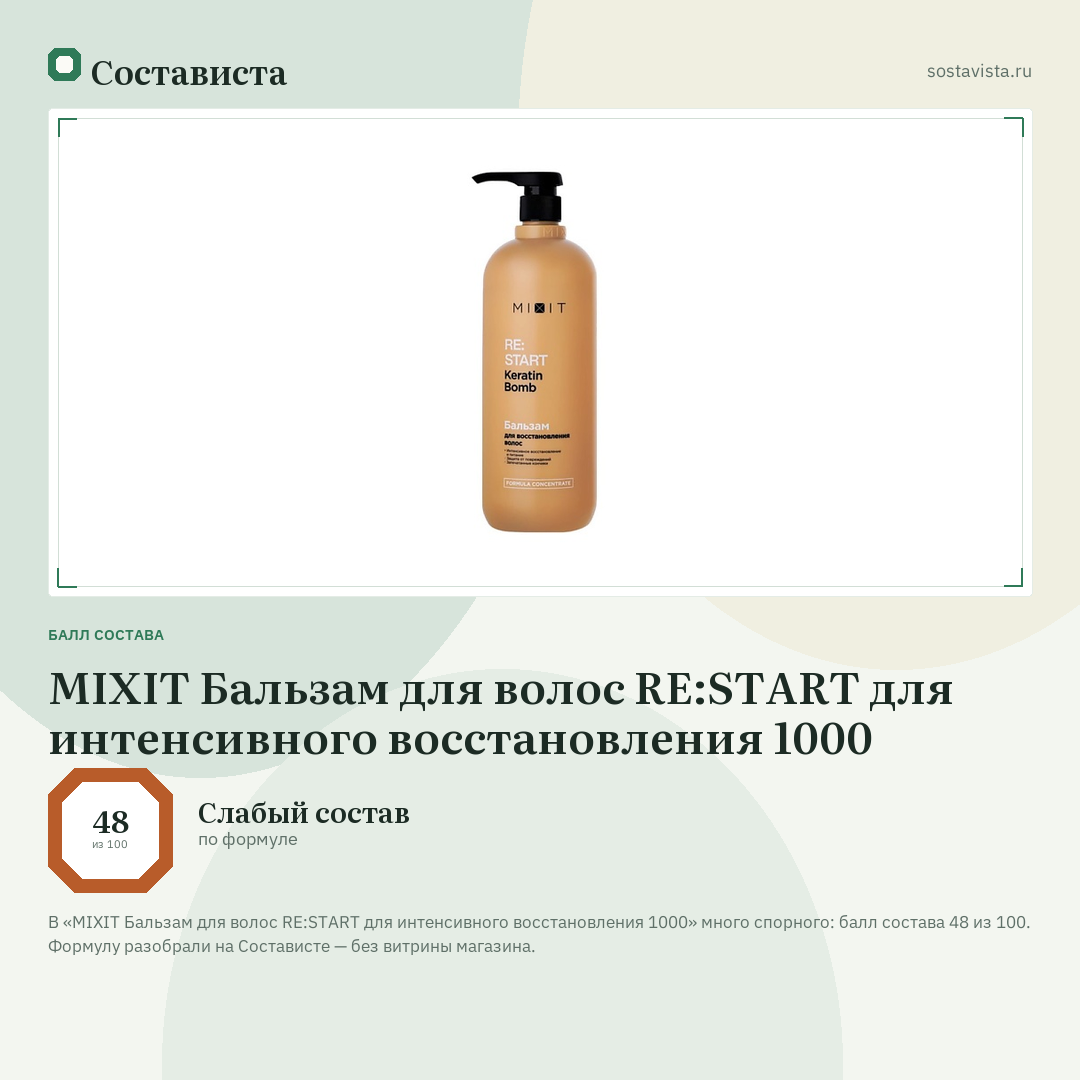 MIXIT Бальзам для волос RE:START для интенсивного восстановления 1000: балл состава 48 из 100 — Состависта
