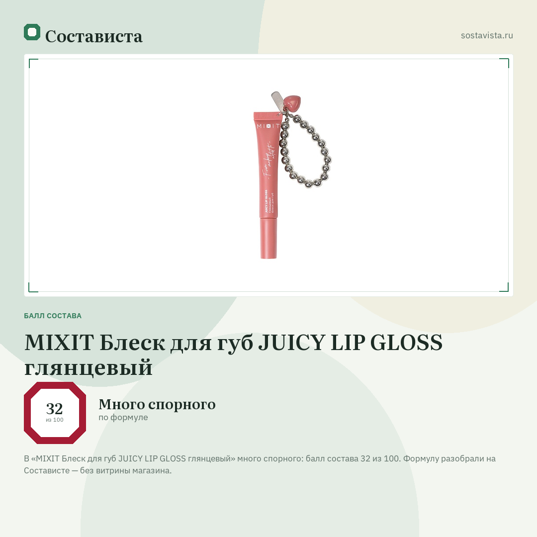 MIXIT Блеск для губ JUICY LIP GLOSS глянцевый: балл состава 32 из 100 — Состависта
