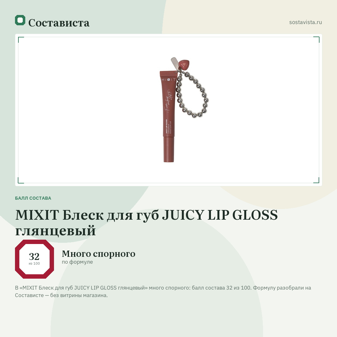 MIXIT Блеск для губ JUICY LIP GLOSS глянцевый: балл состава 32 из 100 — Состависта