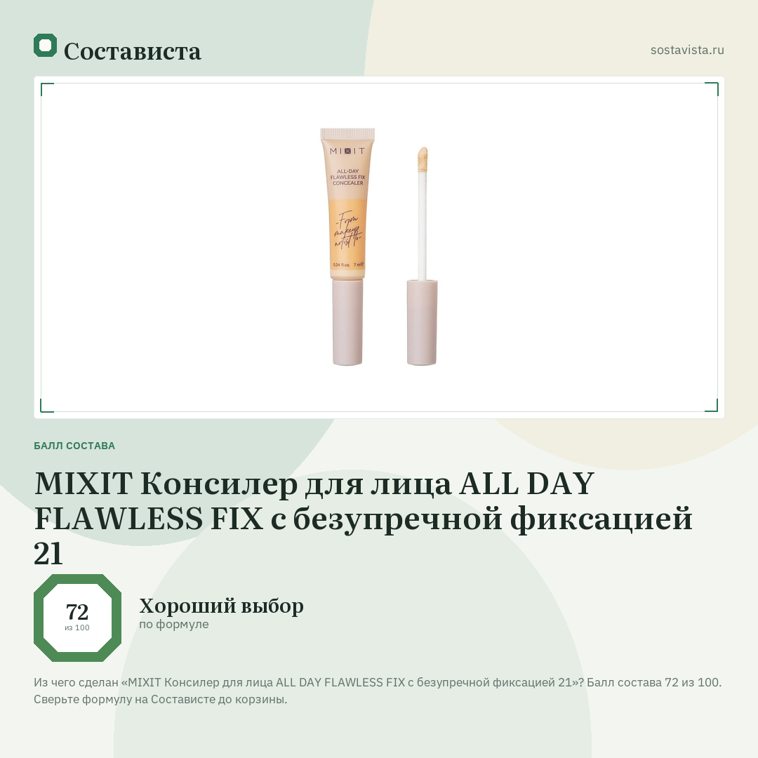 MIXIT Консилер для лица ALL DAY FLAWLESS FIX с безупречной фиксацией 21: балл состава 72 из 100 — Состависта